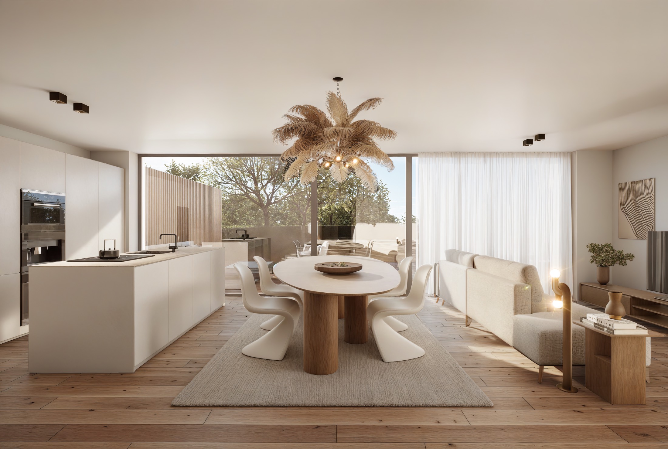 Séjour lumineux d'un appartement Saint-Séverin 110, larges baies vitrées